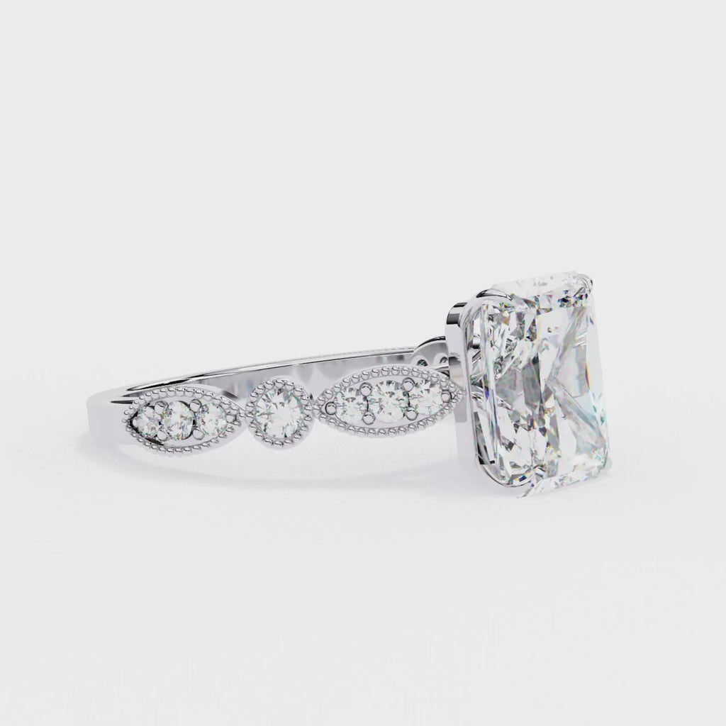 Radiant Cut Lab Grown Diamond Engagement Ring – 2.9 CT Solitaire Bridal Ring with Milgrain Marquise Band- Lustraa’s Milgrain Ring